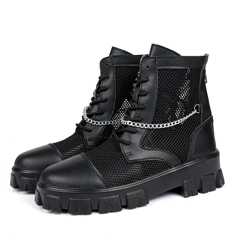 2024 New Summer Men's Boots Thick Bottom Mesh Surface Breathable Hollow Out Chain Short Boot Male Autumn Fashion Casual Shoes