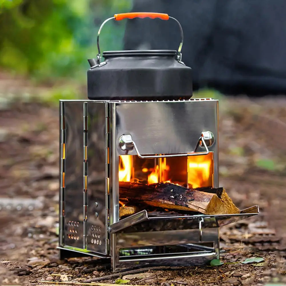Stainless Steel Wood Burning Stove Outdoor Hiking Picnic BBQ Cooking Folding Stove Wood Burner Camp Stove with Ash Tray