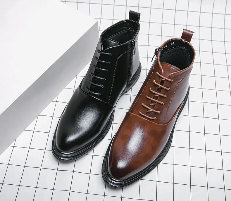 Italian Leather Men Zip Lace-Up Boots Casual Shoes Motorcycle Boots Black Winter High Quality Booties Botas Masculinas 38-46