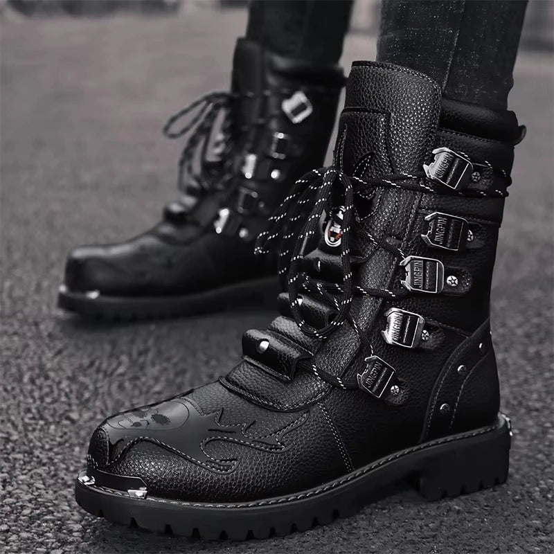Men's Motorcycle Boots Outdoor Boots Four Season Fashion Cycling Shoes High Top Mens Casual Boot PU Leather Boots Plus Size 46