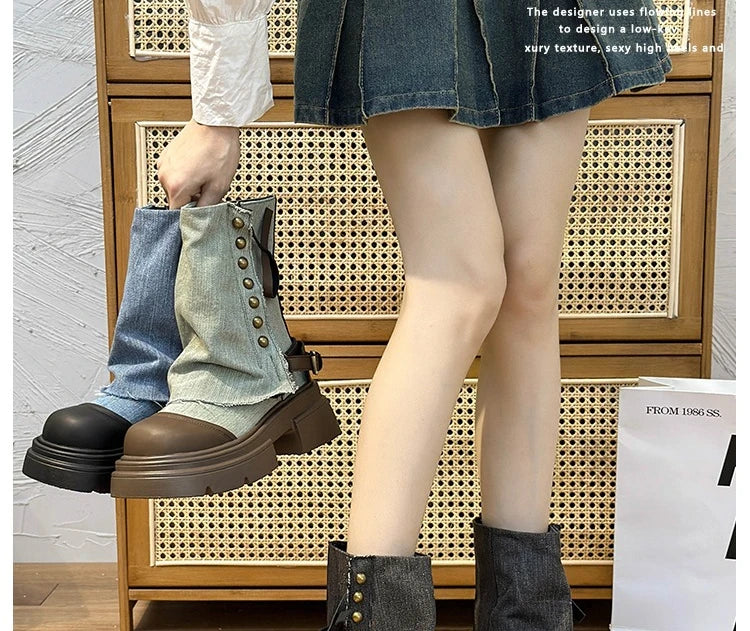 Fall Student Fashion Ankle Boots New Canvas Cowboy Shoes Women's Outdoor Platform Boots Luxury Designer Brand Motorcycle Boots