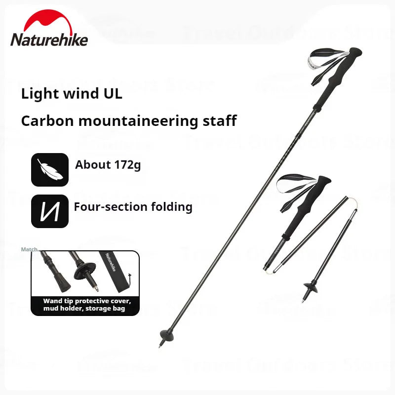 Naturehike Outdoor Alpenstock Carbon 4-sections Foldable Aluminum Alloy Ultralight Trekking Pole Adjustable Hiking Walking Stick