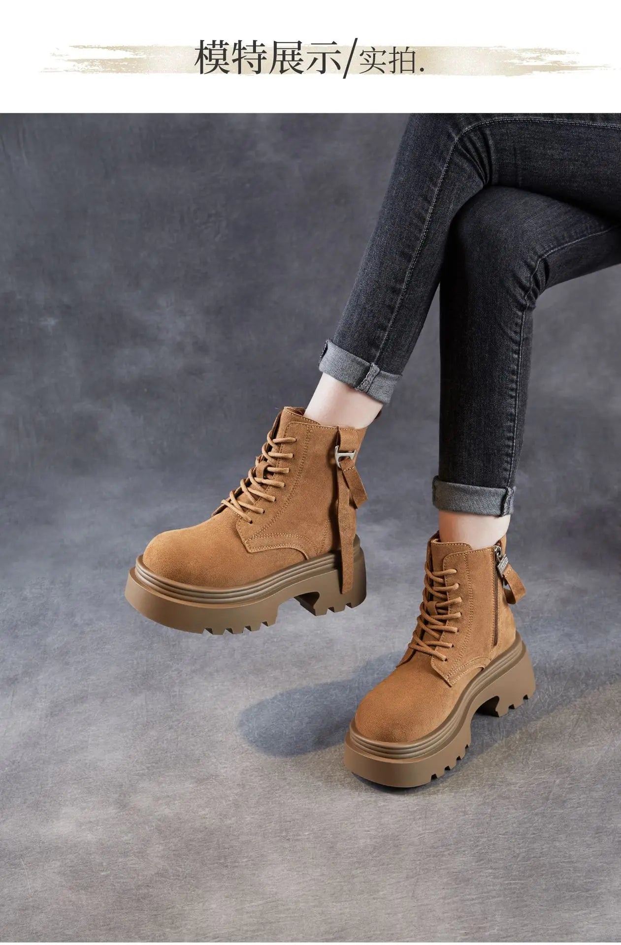 6.5cm Cow Suede Genuine Leather Women Booties Elthnic Pumps Comfy Ankle Knee High Spring Motorcycle Shoes Flats Platform Wedge