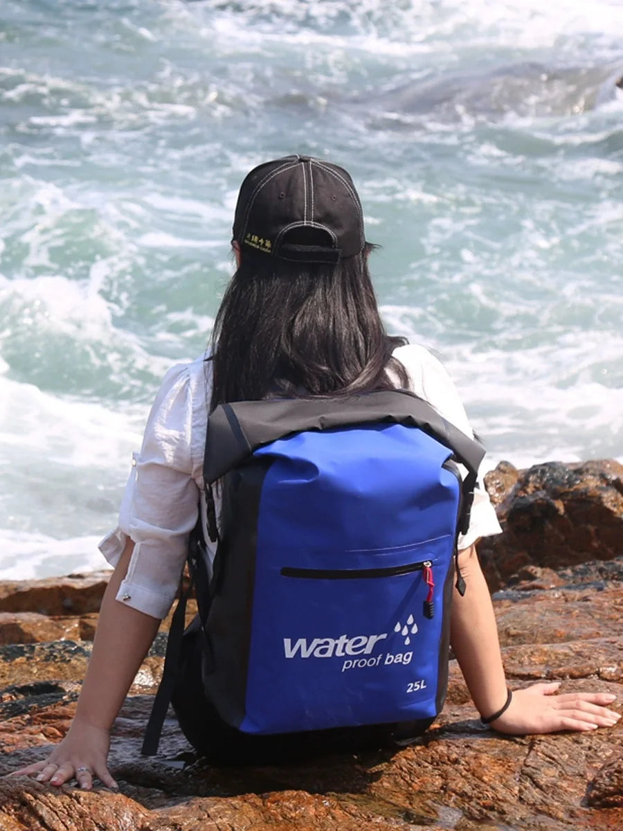 25L Foldable Hiking Bag Durable PVC Waterproof Rolltop Rucksack Backpack Abrasion-Resistant Shoulder Pack for Outdoor Adventures