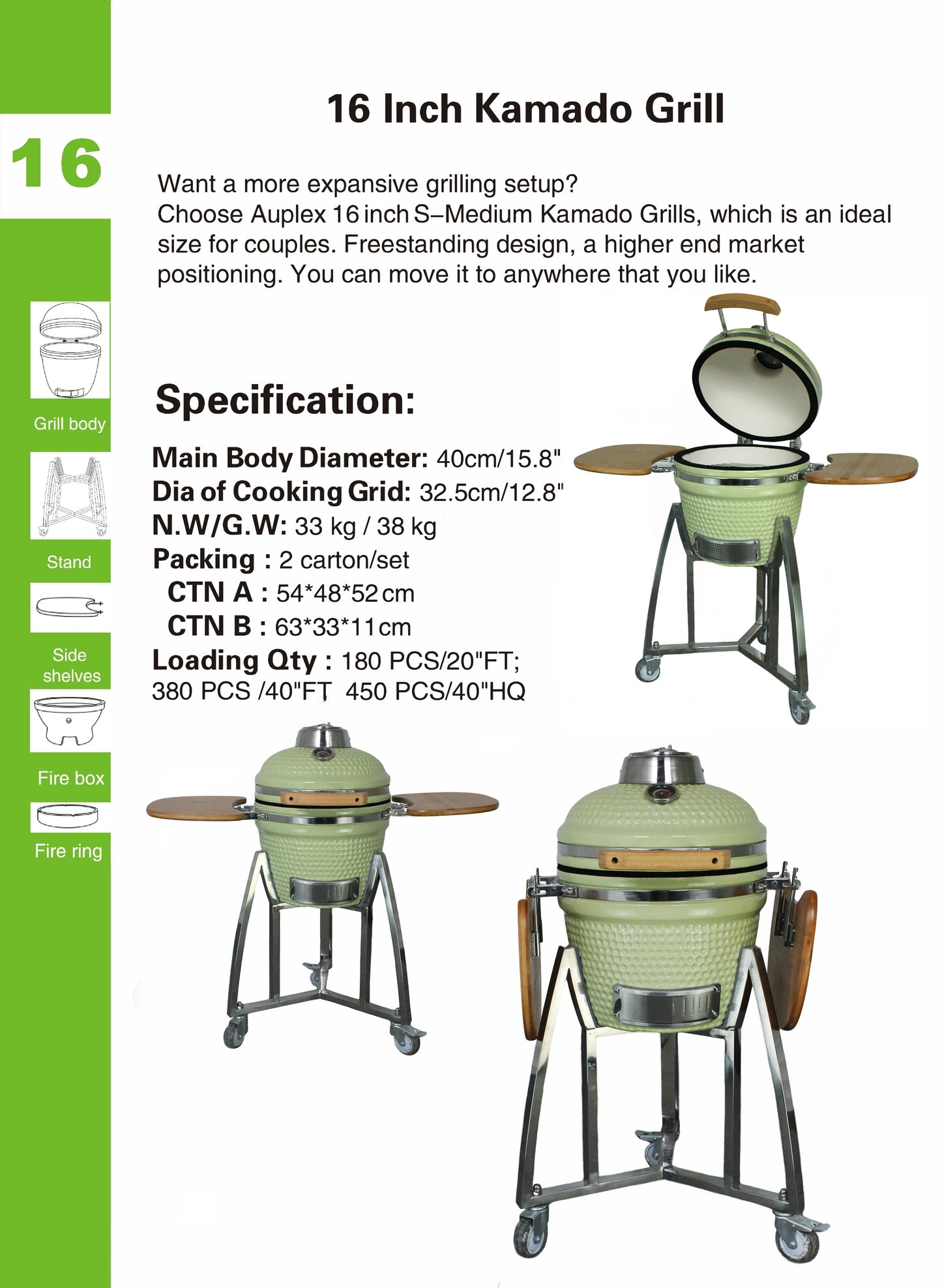 AUPLEX 16-Inch Kamado Barbecue Grill Outdoor Kitchen Smoker Bbq Egg