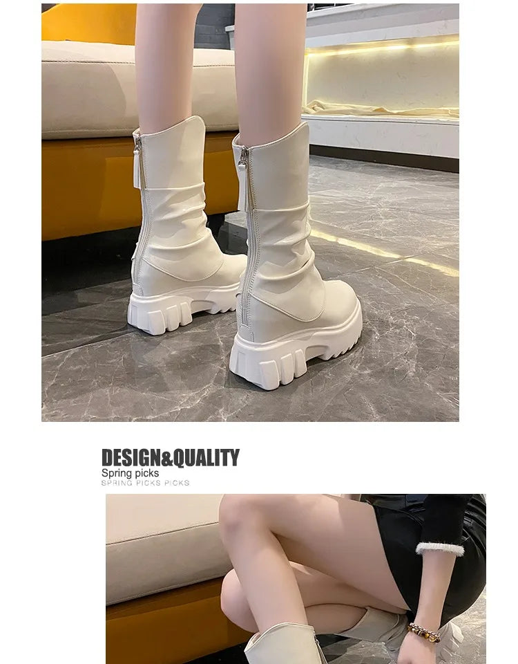 9CM Women Mid Calf Boots Autumn Winte Soft Leather Motorcycle Boots High Platform Square Heels Ladies Chunky Shoes Botas Mujer