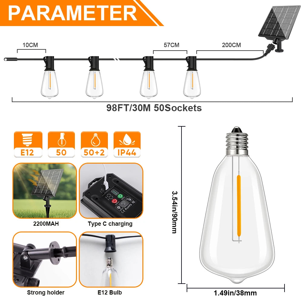 ST38 LED Solar String Light Dimmable Outdoor Shatterproof Garden Solar Powered String Lights with Remote Bistro Cafe Camping Dec
