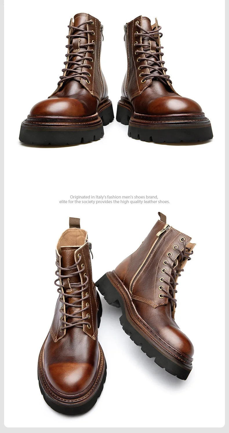 Motorcycle Boots Men Genuine Leather Retro Motorbike Ankle Boots Thick Soled Wear Resistant High Top Cowhide Shoes EU 38-44