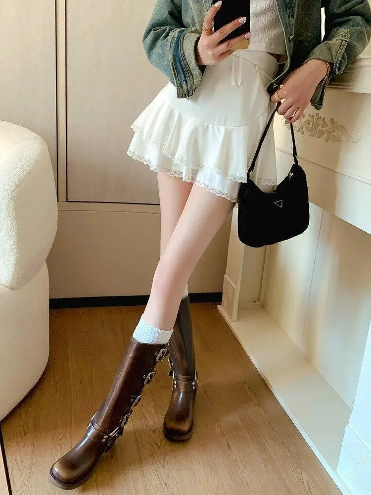 Metal Buckle Square Toe Knee High Boots Women Black PU Leather Punk Long Boots Woman Autumn 2025 Chunky Heels Motorcycle Booties