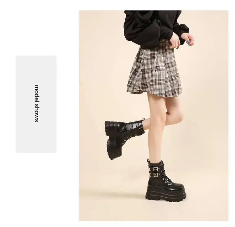 Women Boots British Belt Buckle 2025 Autumn New Height Increasing Thick Soled Short Boot Lace Up Zipper Fashion Motorcycle Boots