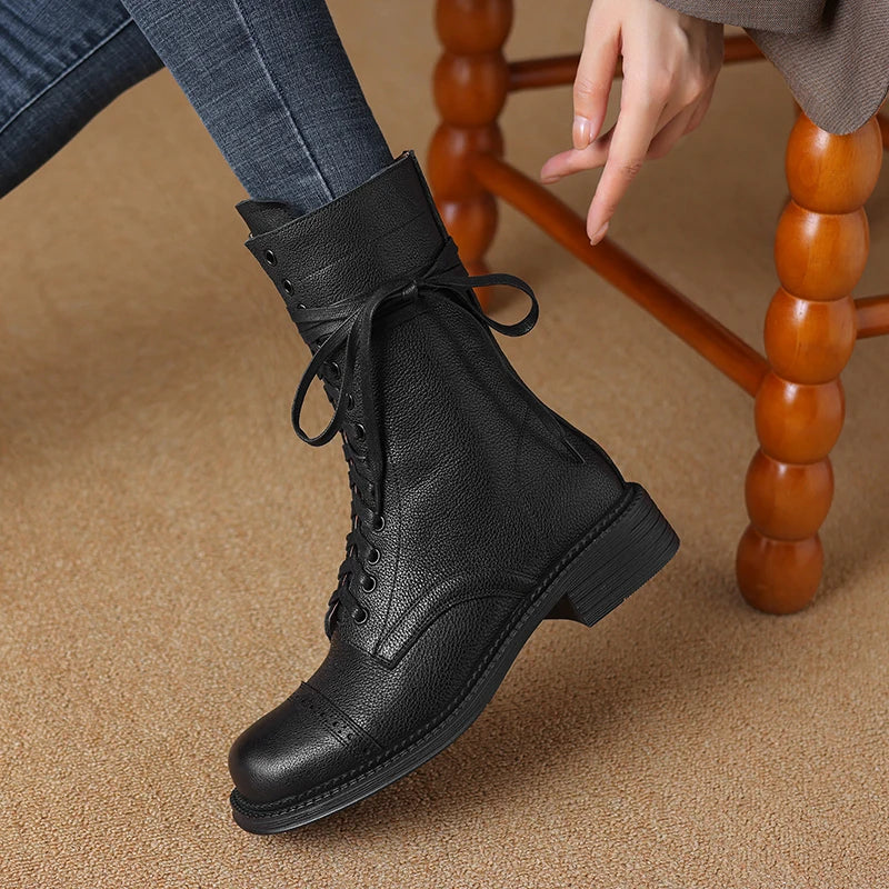 2025 New Autumn Winter Genuine Leather Women Shoes Lace-up Chelsea Women Boots Ankle Boots Chunky Boots Western Women Shoes