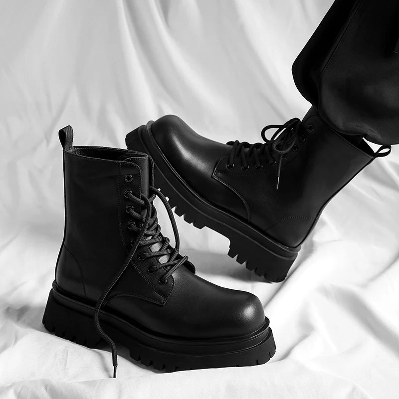 British style men luxury fashion platform boots lace-up genuine leather shoes cowboy chunky boot handsome high motorcycle botas
