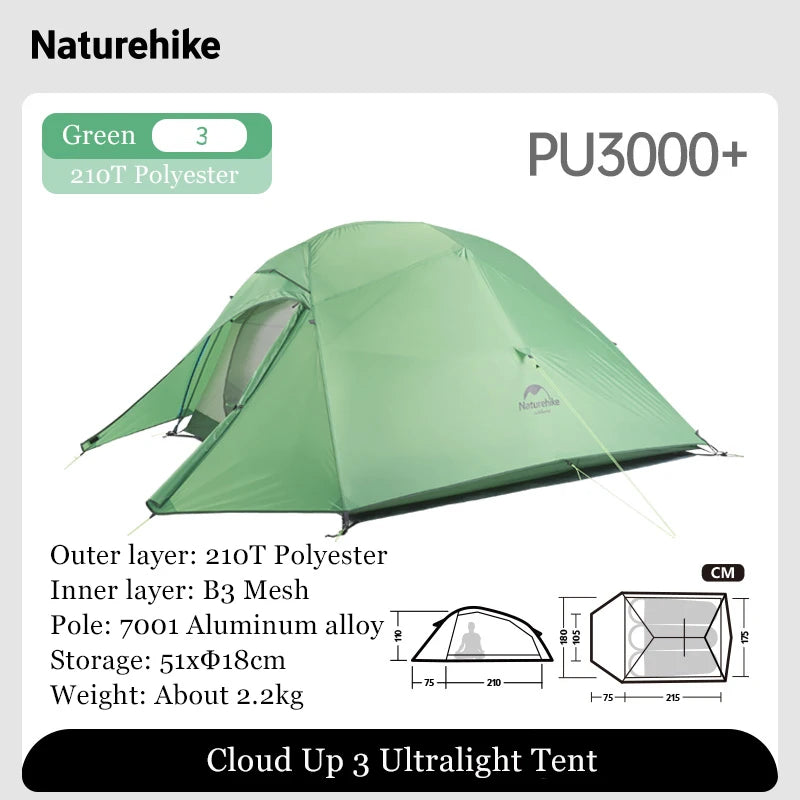 Naturehike Outdoor Upgrade Cloud Up 2 3 Person Tent 20D Nylon Silicone Double Layer Aluminum Pole Ultralight Camping Hiking Tent