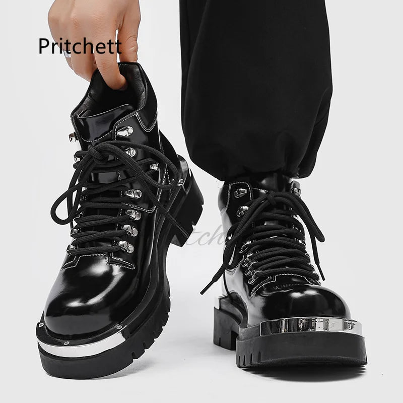 Black Patent Leather Men's Boots Thick Soles Punk Style Women Rivet Metal Decoration Motorcycle Boots Autumn Winter Couple Shoes
