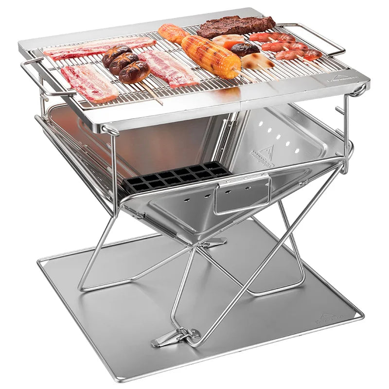 CAMPINGMOON Outdoor Woodland Backyard Garden Maximum Size  Folding Stove Stainless Steel Charcoal Bbq Grill Fire Pit Roast