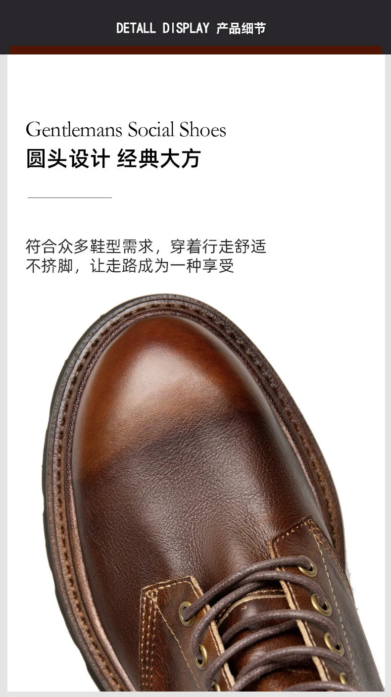 Motorcycle Boots Men Genuine Leather Retro Motorbike Ankle Boots Thick Soled Wear Resistant High Top Cowhide Shoes EU 38-44