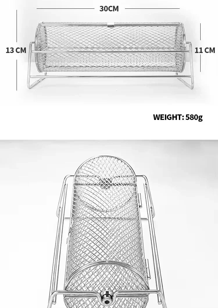 Stainless Steel Rolling BBQ Grill Manual Rotating Barbecue Cage with Base Rotisserie Basket Roll Barbecue Cage Outdoor Roaster