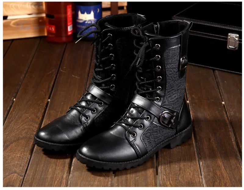 2025New Men Boots Fashion Mid-calf Boots Trend Motorcycle Boot High Top Casual Boots for Men Plush Warm Winter Boot Botas Hombre