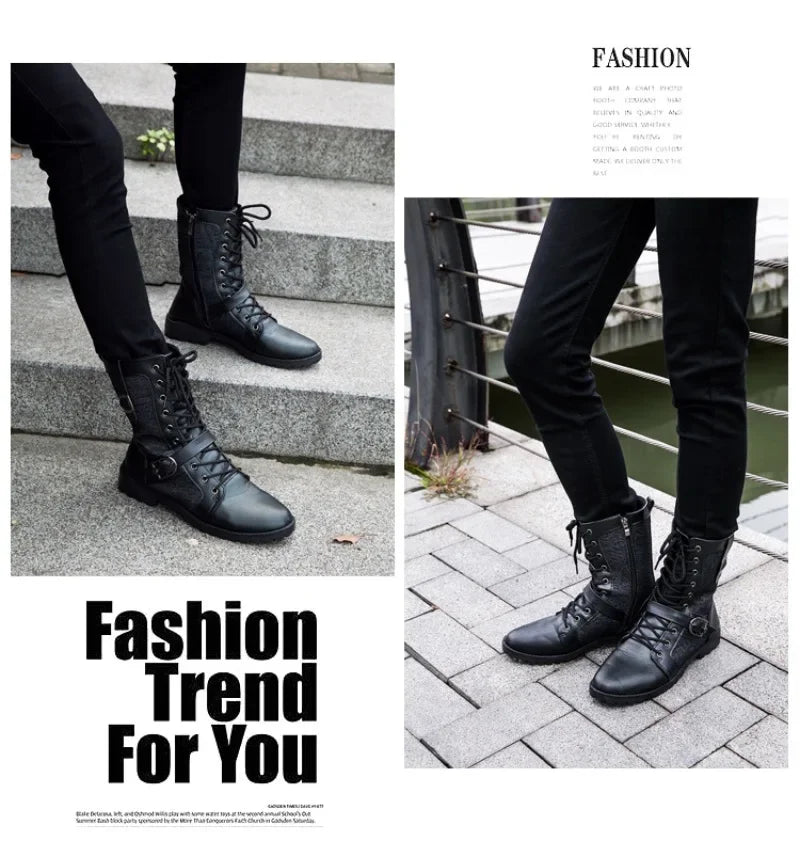 2025New Men Boots Fashion Mid-calf Boots Trend Motorcycle Boot High Top Casual Boots for Men Plush Warm Winter Boot Botas Hombre