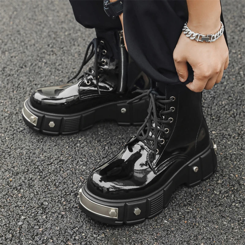 men's casual punk goth dress patent leather boots brand designer shoes cowboy platform boot cool long motorcycle botas masculina