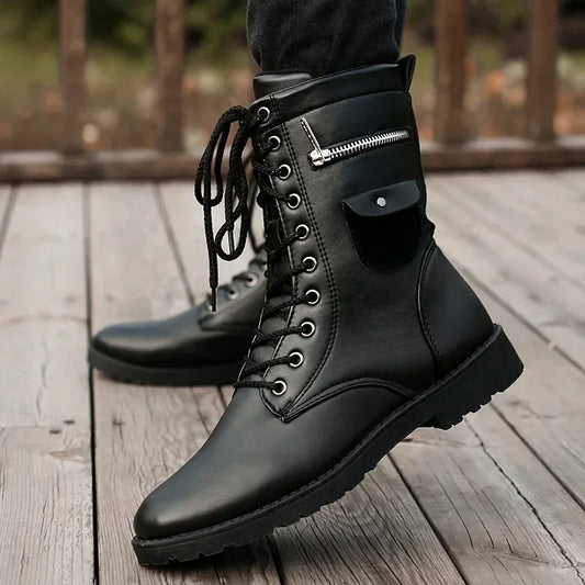 PU Leather Men Motorcycle Boots Men's Riding Hunting Walking Shoes Autumn Winter Mid-Calf Boots High Top Boots