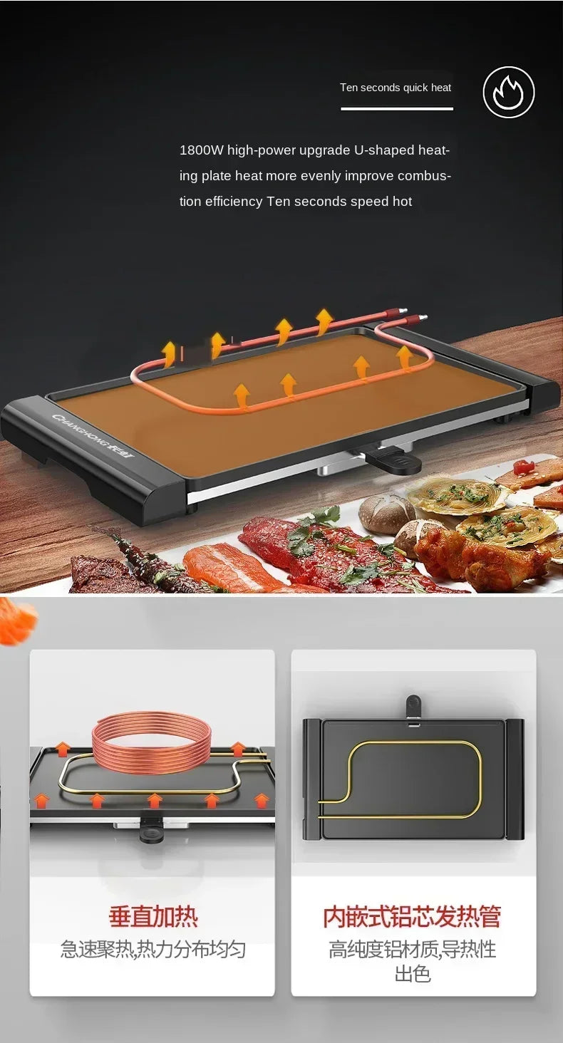 220V Korean Style Non-Stick Electric Grill Pan for Smokeless BBQ, Hotpot and Griddle Cooking at Home A C