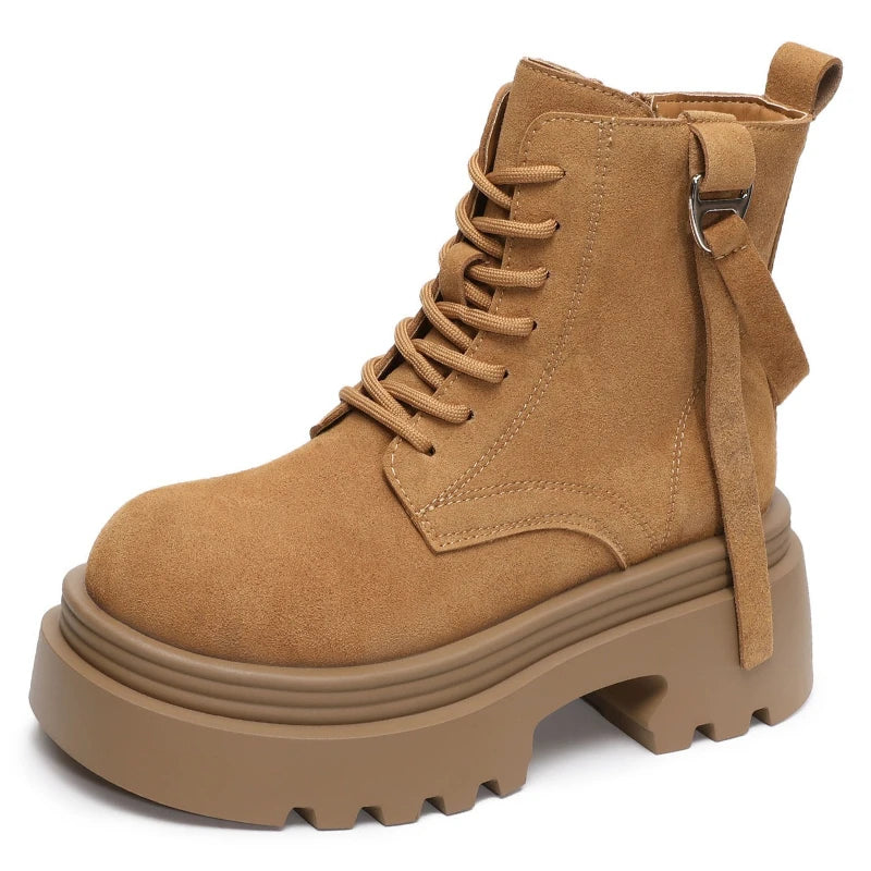 6.5cm Cow Suede Genuine Leather Women Booties Elthnic Pumps Comfy Ankle Knee High Spring Motorcycle Shoes Flats Platform Wedge