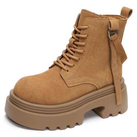 6.5cm Cow Suede Genuine Leather Women Booties Elthnic Pumps Comfy Ankle Knee High Spring Motorcycle Shoes Flats Platform Wedge