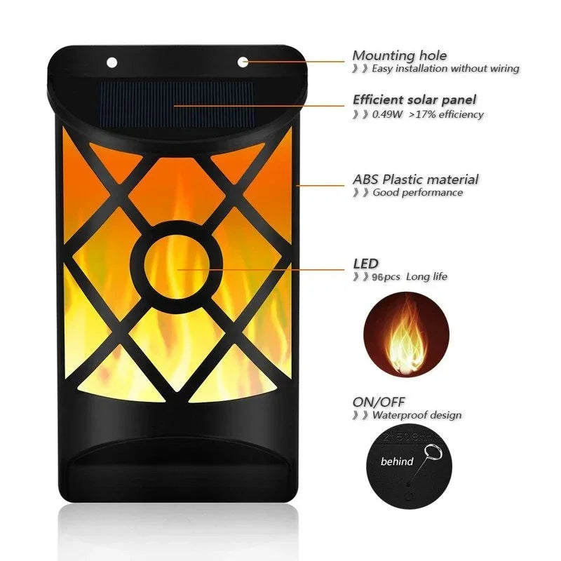 96LED Solar Flame Lights Outdoor, Lattice Design for Garden Pathway Yard Christmas Decor Waterproof Flickering Flame Wall Lights