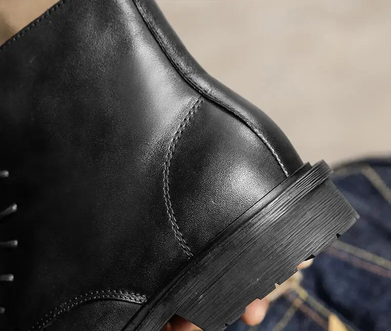 A047 New Men's Boots British High Calf Man Shoes Fashion Round Toe Ankle Boots Comfort Flats Shoes Leather Motorbike Shoe