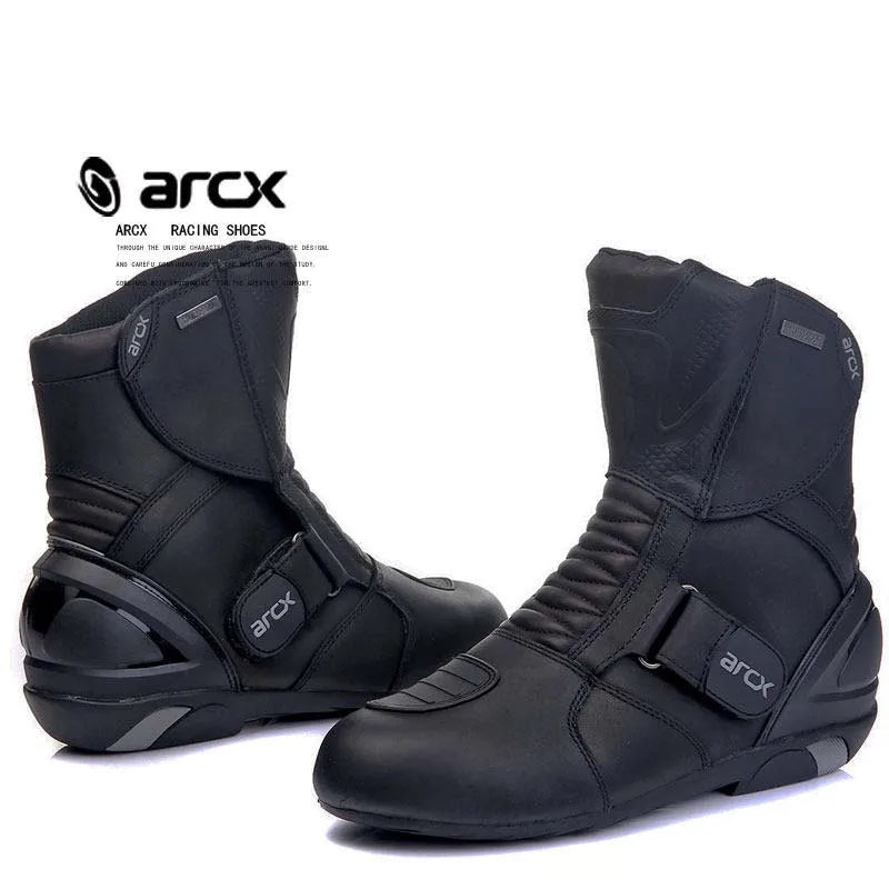 ARCX Motorcycle Boots Genuine Cow Leather Motocross Boots waterproof Moto Boots Motorbike Riding Boots Black Botas Moto