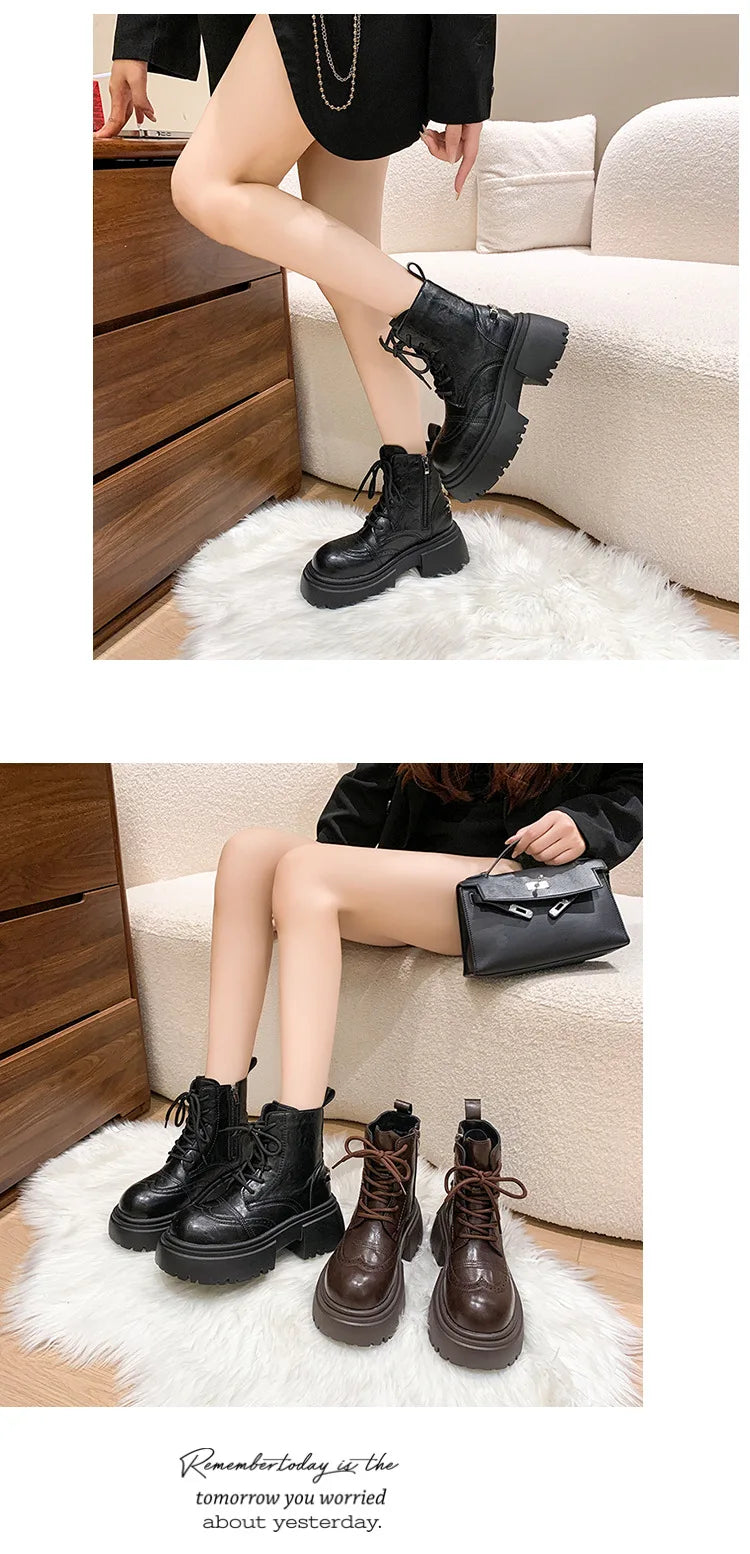 Boots Woman 2025 Trend Female Shoes Winter New British platform Lace up zipper ankle boots Plush Flat Heel Motorcycle boots