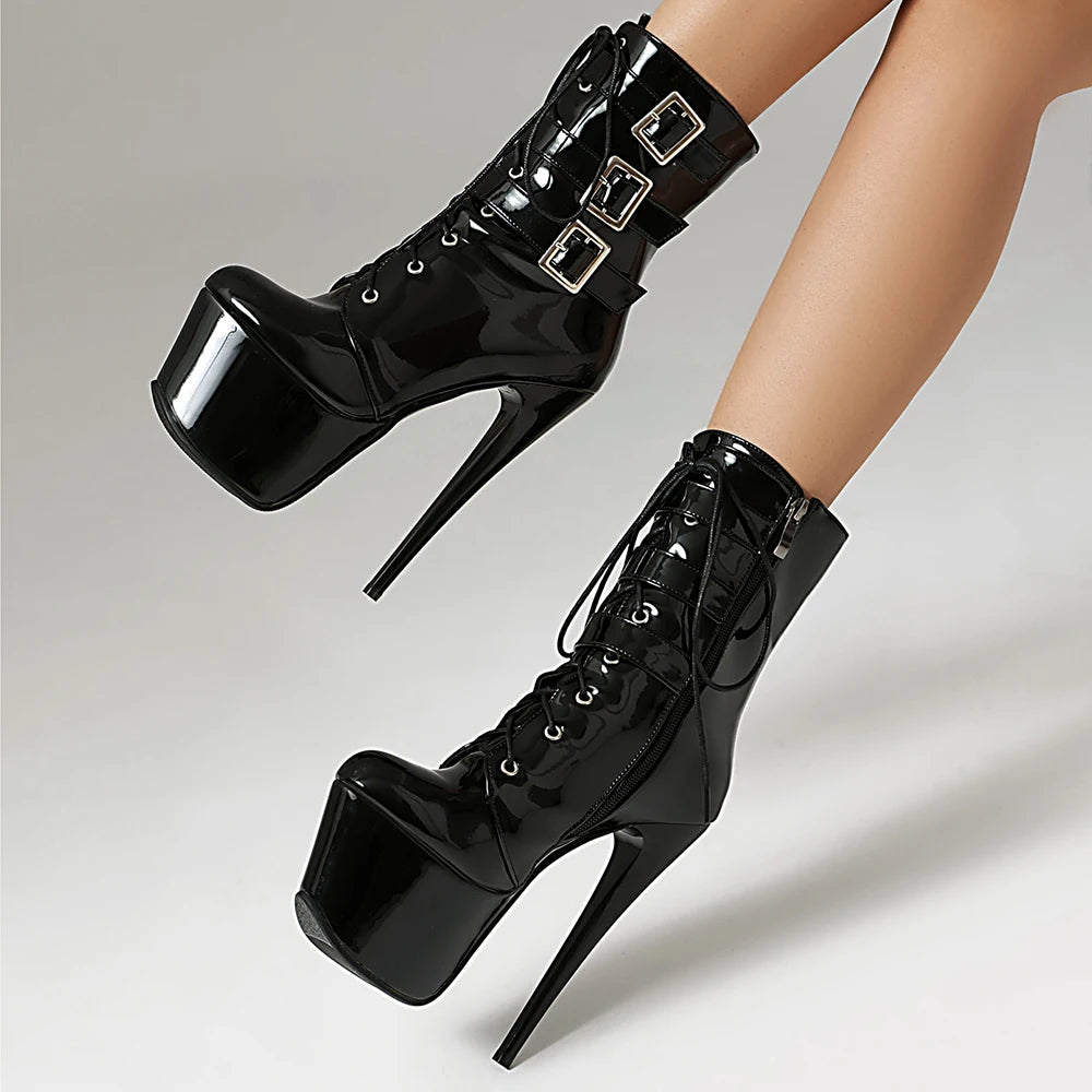 INS Style 15CM Extreme High Heels Platform Boots Lace Up Sexy Pole Dancing Ankle Boots Side Zip Gold Silver  Shoes Fast Shipping