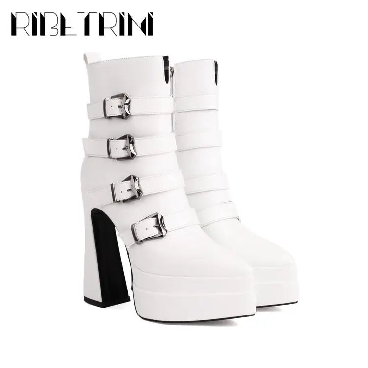 Platform Women Boots Pounted Toe High Heeled Double Platform Shoes Ankle Buckle Punk Goth Cool Fashion Brand Winter Boots Woman