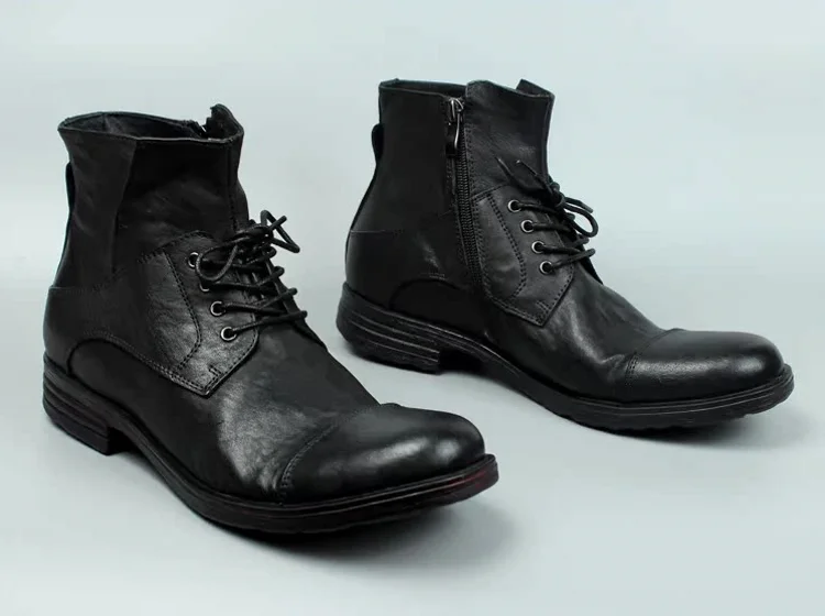 Vintage Mens Cowhide Genuine Leather Riding Ankle Boots Lace Up High Top Work Shoes Vintage Round Toe Autumn Moto Biker Boots