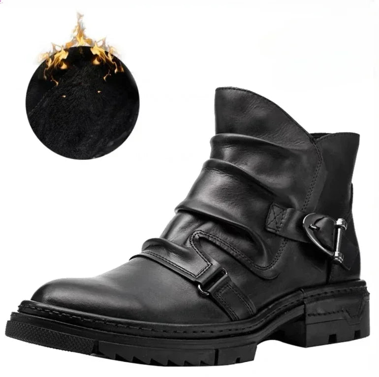 2025 Retro Men's Motorcycle Leather Boots British Style Round Head High Top Shoes Casual Platform Boots Moto Street Gear