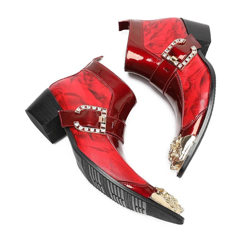 Spring Men's Boots Red Studded Pointed Leather Boots  Model Social Height Increasing  Patent Leather High-heeled Men's Boots