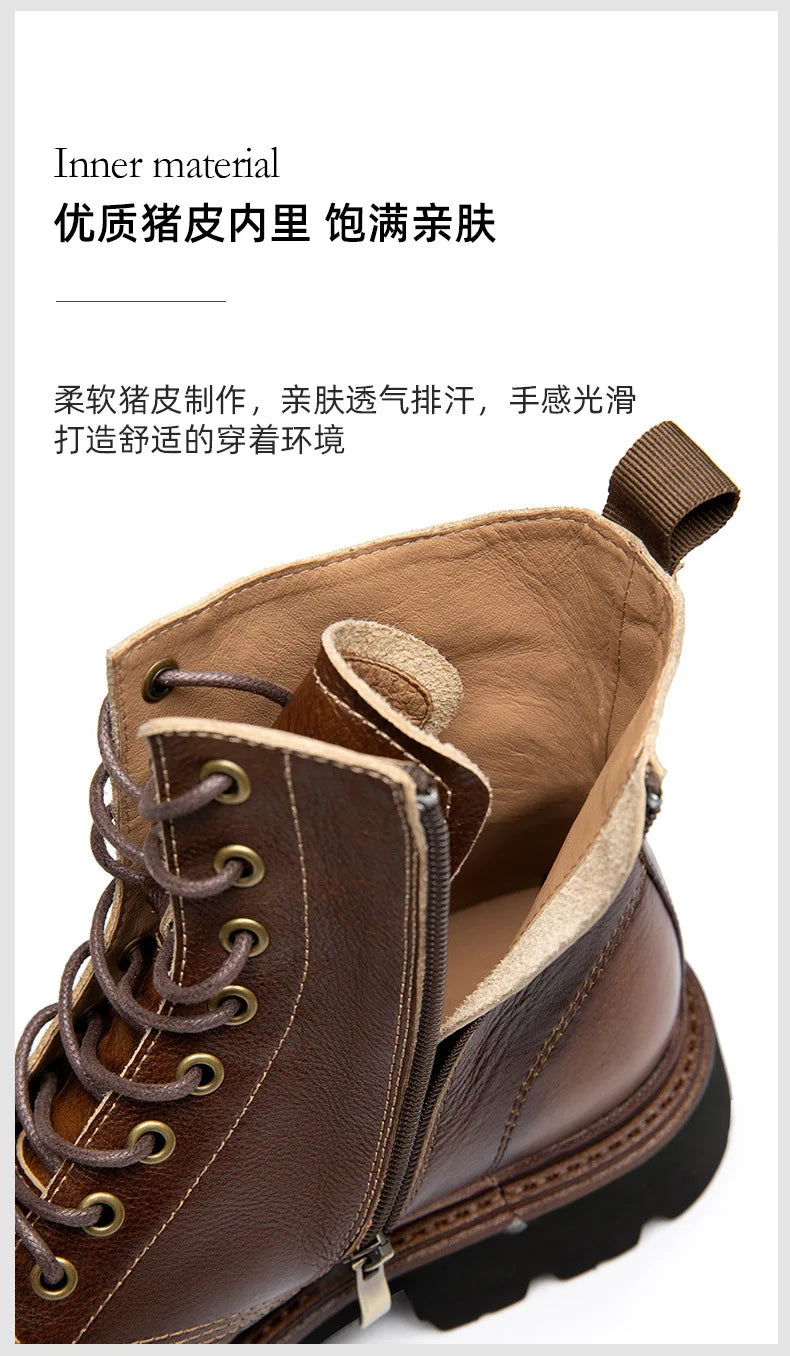 Motorcycle Boots Men Genuine Leather Retro Motorbike Ankle Boots Thick Soled Wear Resistant High Top Cowhide Shoes EU 38-44