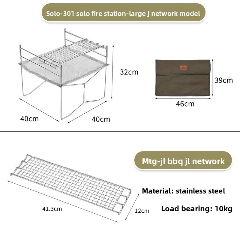 Outdoor Camping Heating Stove Campfire Stainless Steel Foldable Lightweight Grill with Grill Net Solo Fire Pit Wood Stove