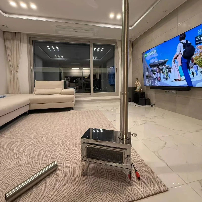 Outdoor tent camping, heat-resistant glass observation stove, portable foldable stainless steel winter heating wood stove