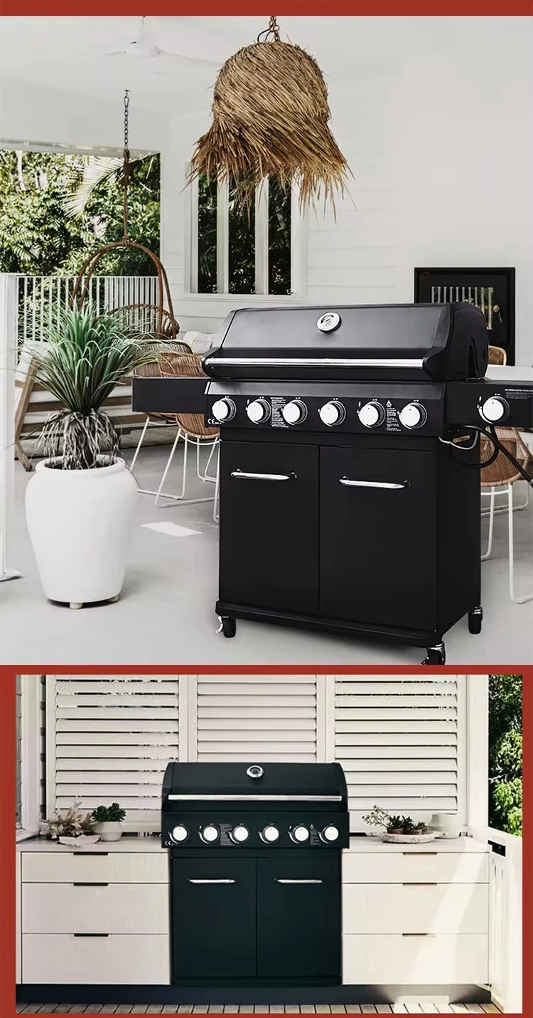 Trolley BBQ Stove  Outdoor Propane Gas BBQ Grill Commercial Gas Barbecue Restaurant  Smokeless 6 burner  BBQ Grills