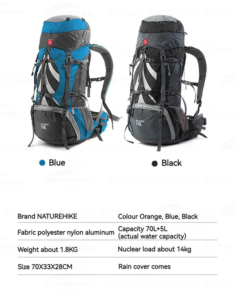 Naturehike 70L+5L Hiking Backpack Waterproof Outdoor Mountaineering Bag Knapsack Softback Big Capacity Rucksack With Rain Cover