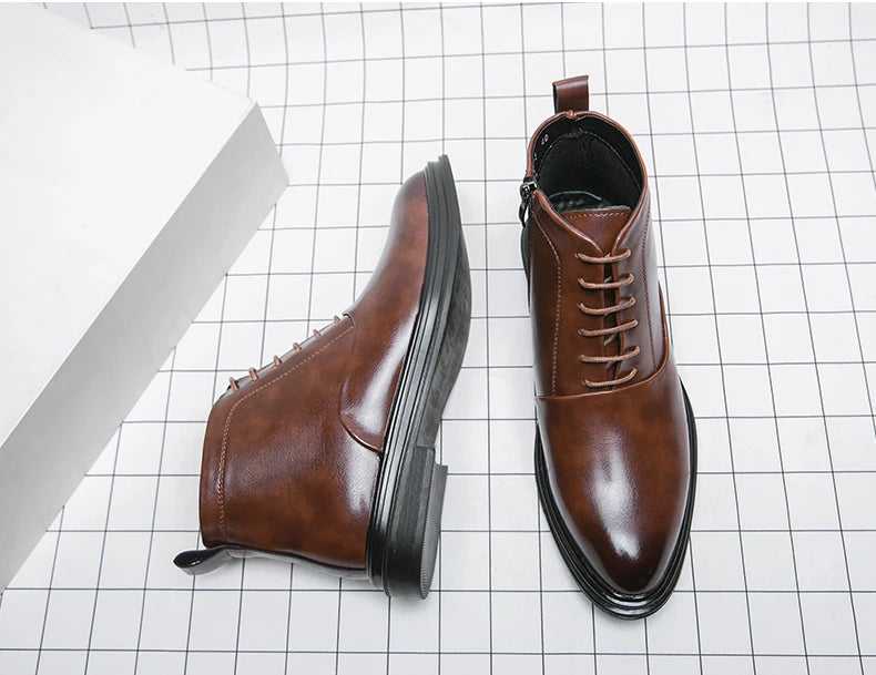 Italian Leather Men Zip Lace-Up Boots Casual Shoes Motorcycle Boots Black Winter High Quality Booties Botas Masculinas 38-46