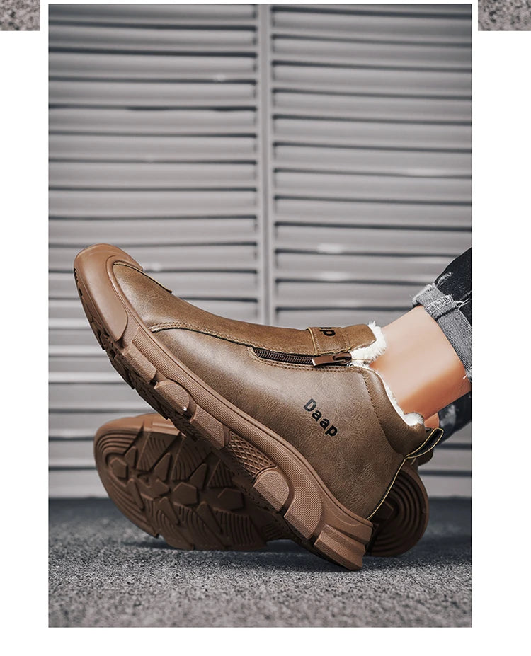 2025 High Top Men's Winter Shoes Comfortable Black Fluff Boots Men Warm Plush Leather Casual Sneakers Men Work Motorcycle Boots