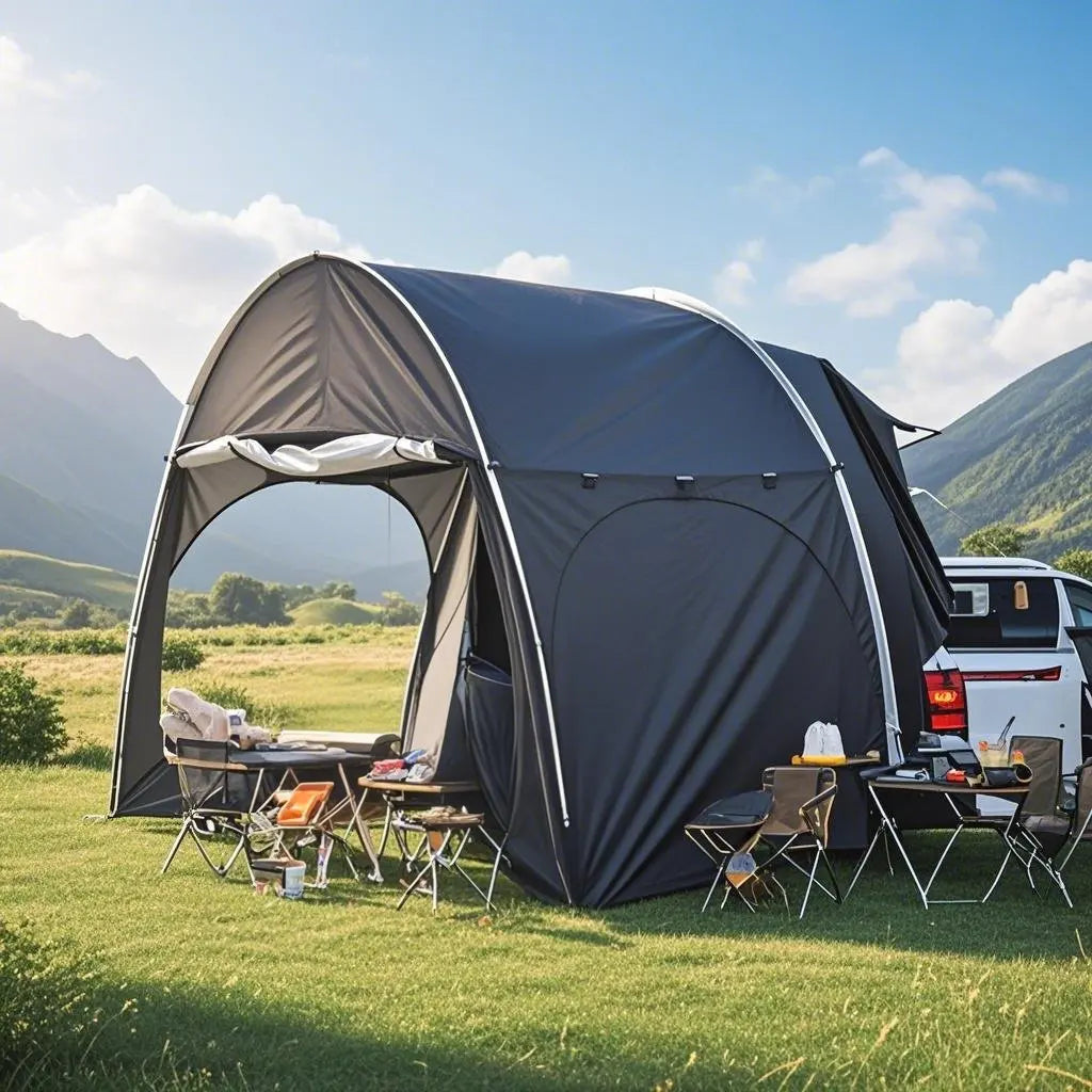 SUV Camping Tents Car Tent with Porch Vestibule Awning Shelter, 4 Person SUV Tent for Car Camping Universal Fits All SUVs Vans