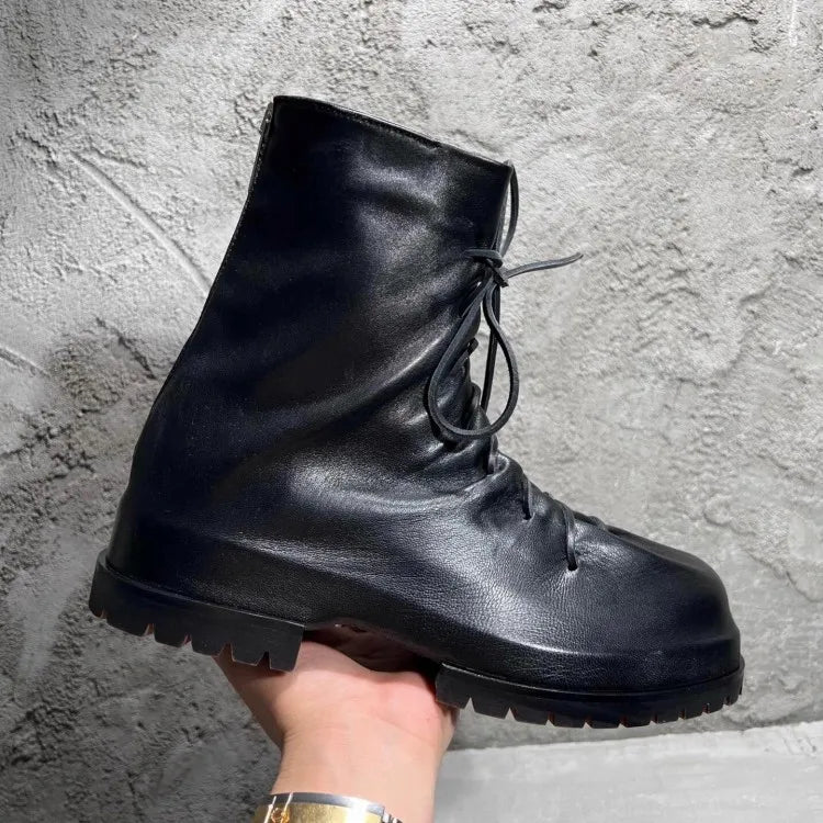 Gothic Designer Men High Top Sheepskin Genuine Leather Ankle Boots Lace Up Thick Platform Runway Shoes Vintage Work Safety Boots