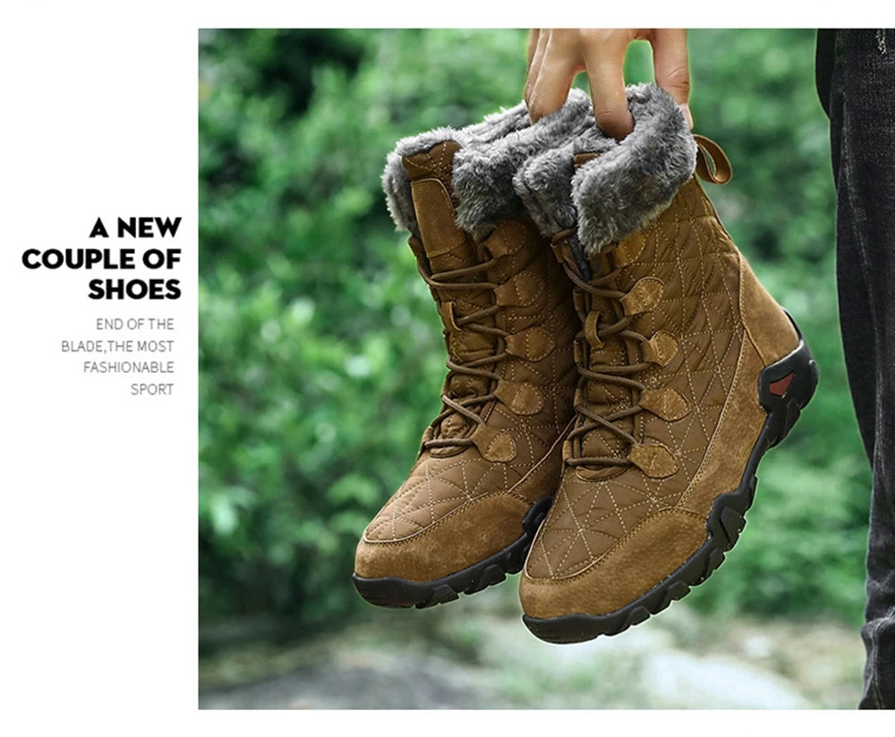 Motorcycle Winter Snow Boots Thickened Thermal Plush Boots Waterproof Outdoor Hiking Shoes Cow Leather Warm Skiing For Men