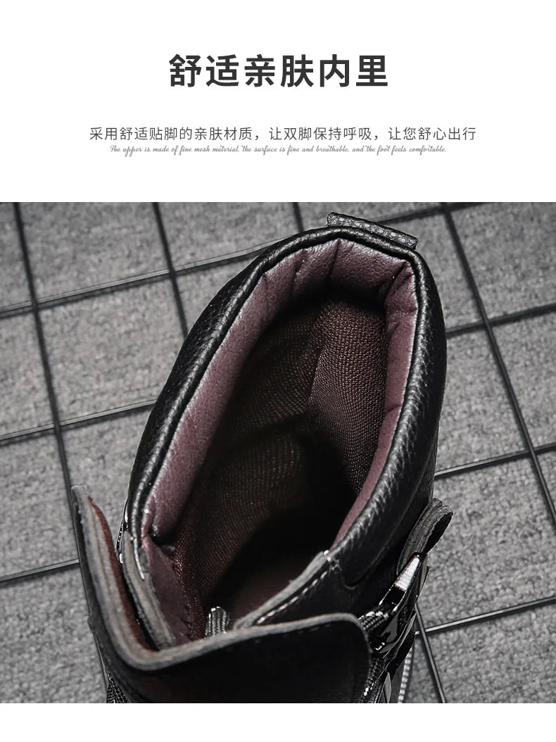 Men Motorcycle Boots Fashion Mid-Calf Punk Rock Punk PU Leather Black High Top Mens Casual Boot Steel Toe Shoes Big Size 38-46