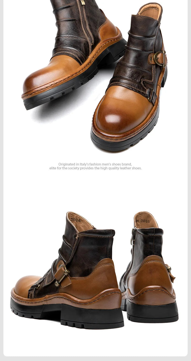 Brown Leather Motorcycle Boots Mens Round Head High Top Motorbike Boots Quality Moto Riding Shoes Thick Soled Summer Winter