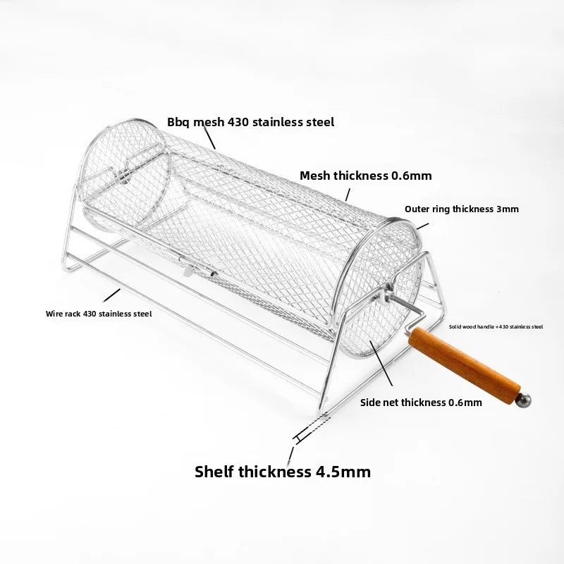 Stainless Steel Rolling BBQ Grill Manual Rotating Barbecue Cage with Base Rotisserie Basket Roll Barbecue Cage Outdoor Roaster